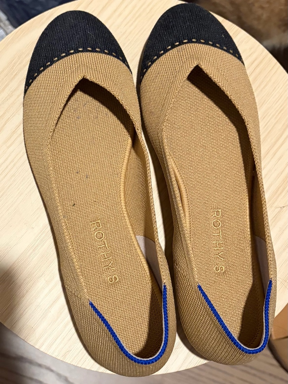 Rothy's Tan Ballet Flats with Black Cap Toe and Blue Trim